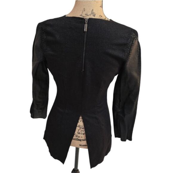 STELLA & JAMIE Genuine Leather Sleeve Crochet Top Stretch Tunic Black Small - Picture 4 of 11